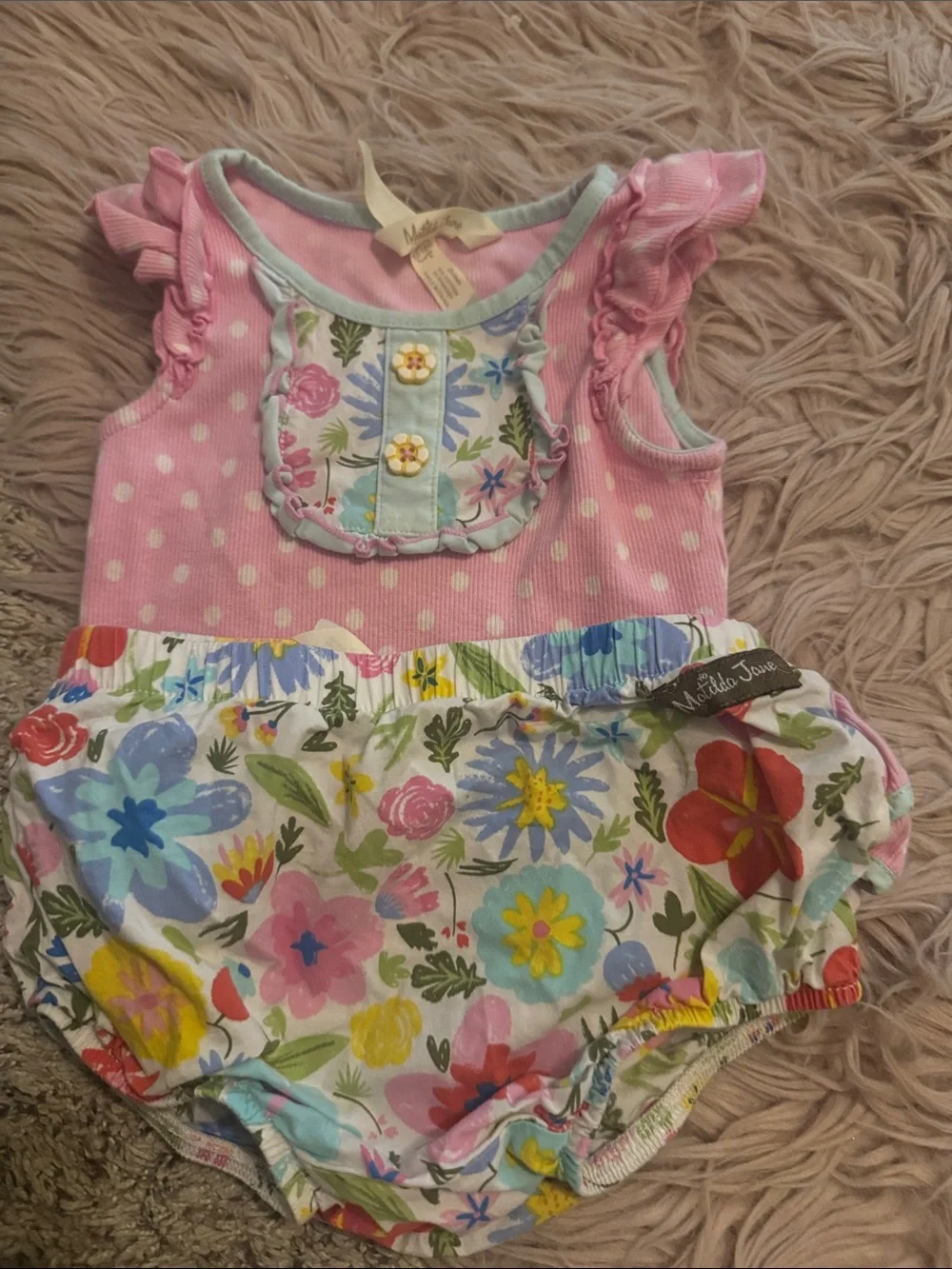 Matilda Jane Pink Polka Dot Floral Ruffle Top and Ruffle Bottomed Bloomers.